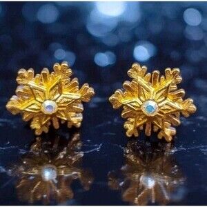 Vintage AVON 3D Snowflake Earrings Gold tone Rhinestone Crystal Center Stud Post